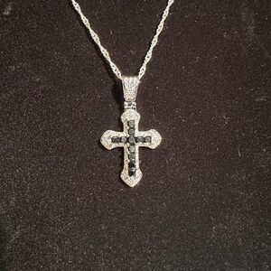 Black Cubic Zirconia Cross Pendant in Sterling Silver. 18” Sterling Silver chain